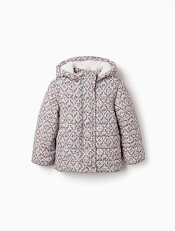 Chaqueta acolchada floral con capucha y forro de peluche