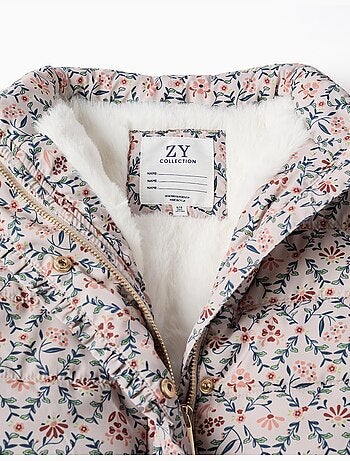 Chaqueta acolchada floral con capucha y forro de peluche