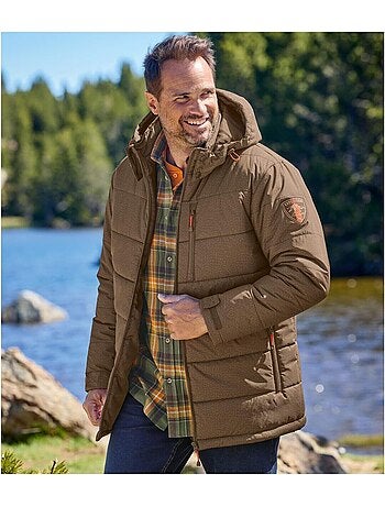 Chaqueta acolchada larga con capucha desmontable y cremallera, tratamiento hidrófugo