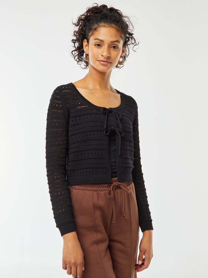 Chaqueta anudada de croché negro - Kiabi