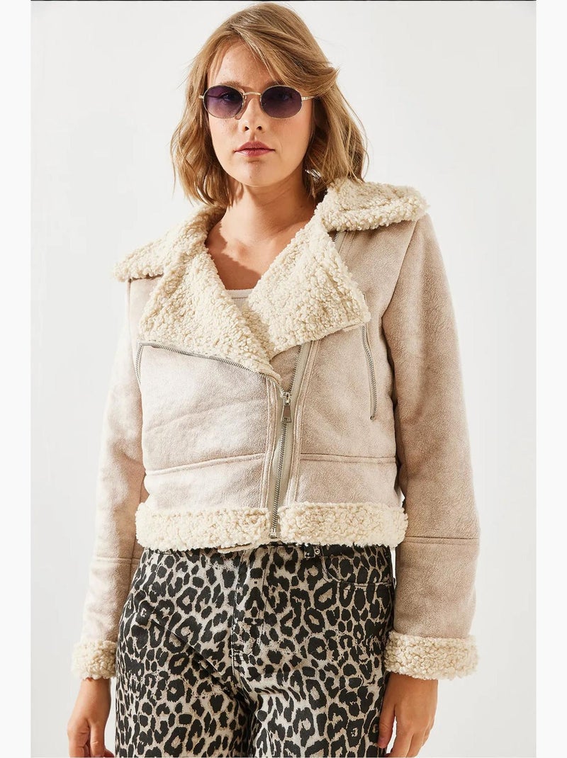 Chaqueta aviador cropped de piel sintética lucci Beige arcilla - Kiabi