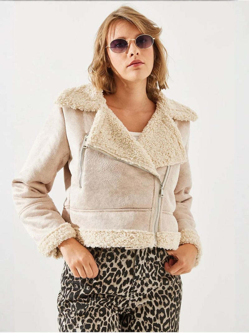 Chaqueta aviador cropped de piel sintética lucci Beige arcilla - Kiabi
