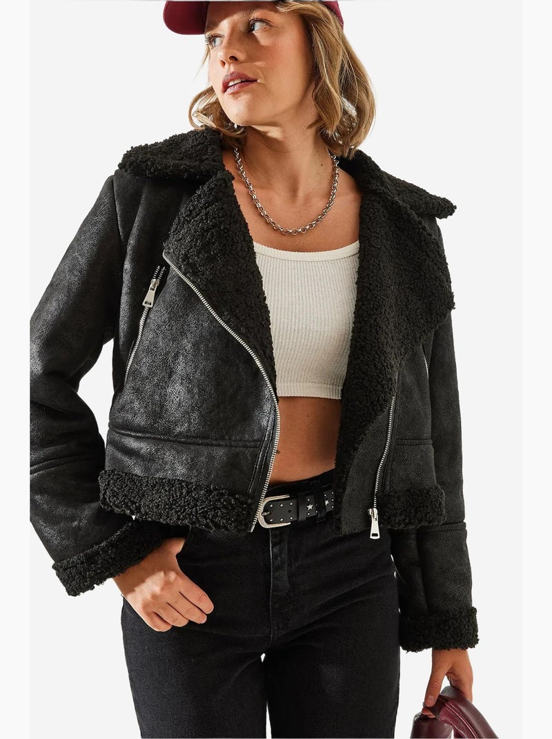 Chaqueta aviador cropped de piel sintética lucci Negro - Kiabi