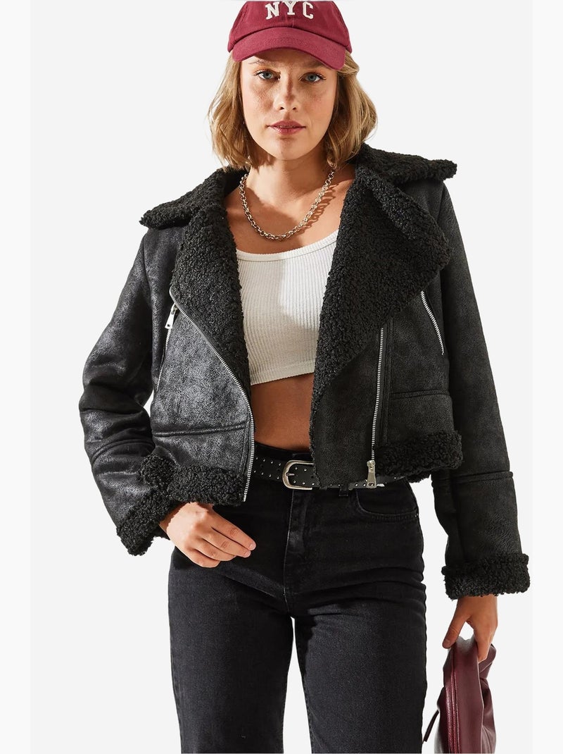 Chaqueta aviador cropped de piel sintética lucci Negro - Kiabi