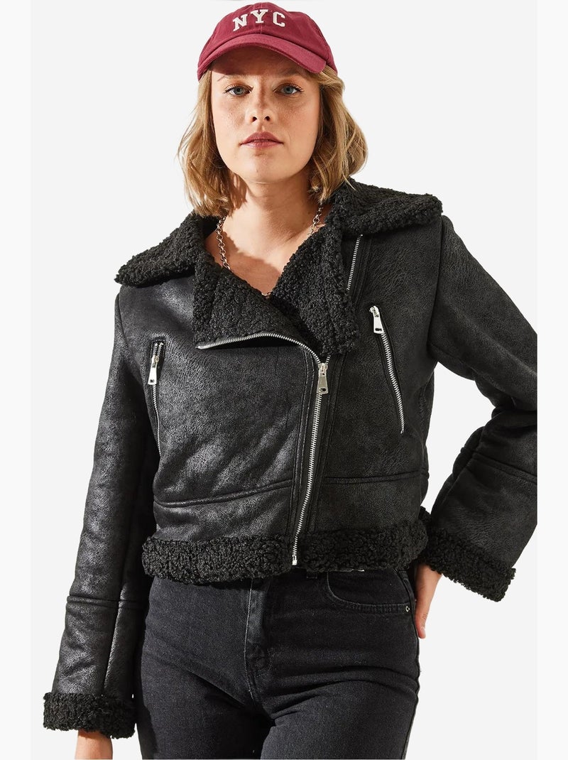Chaqueta aviador cropped de piel sintética lucci Negro - Kiabi