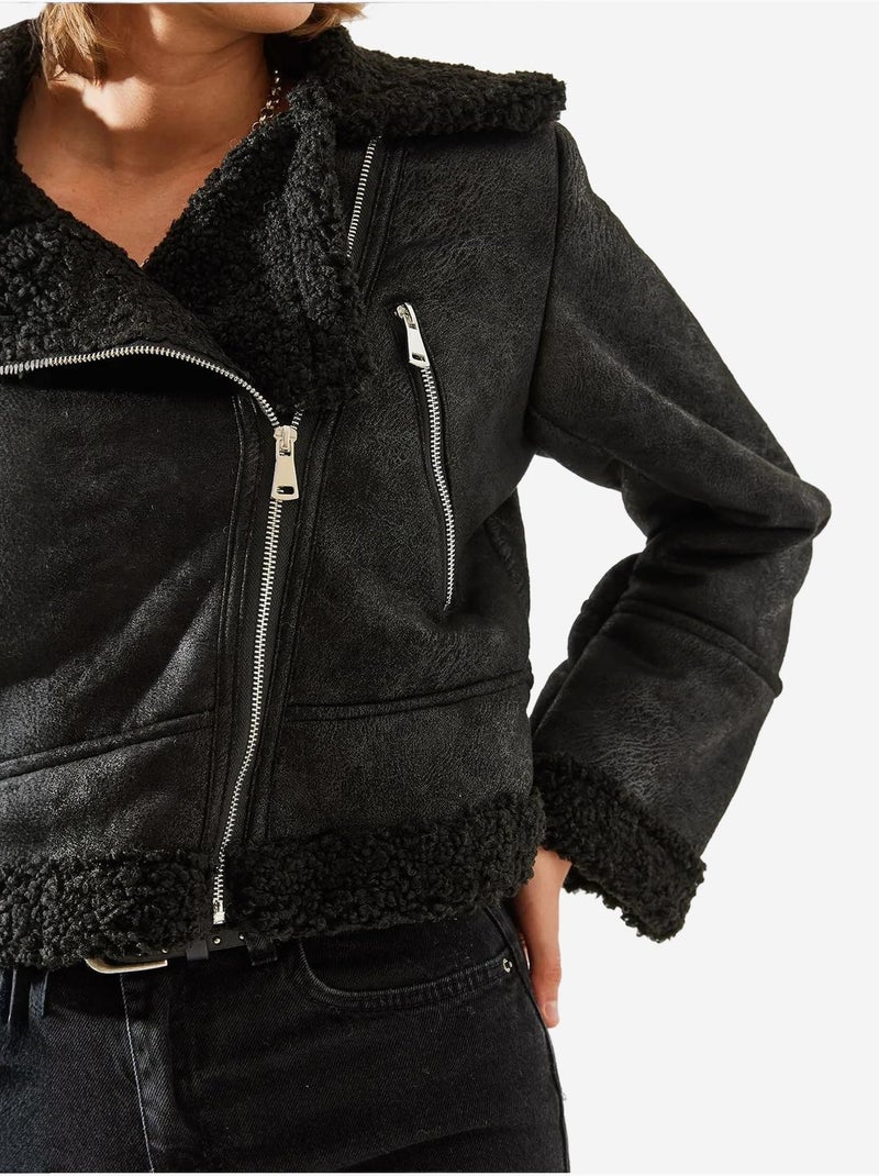 Chaqueta aviador cropped de piel sintética lucci Negro - Kiabi