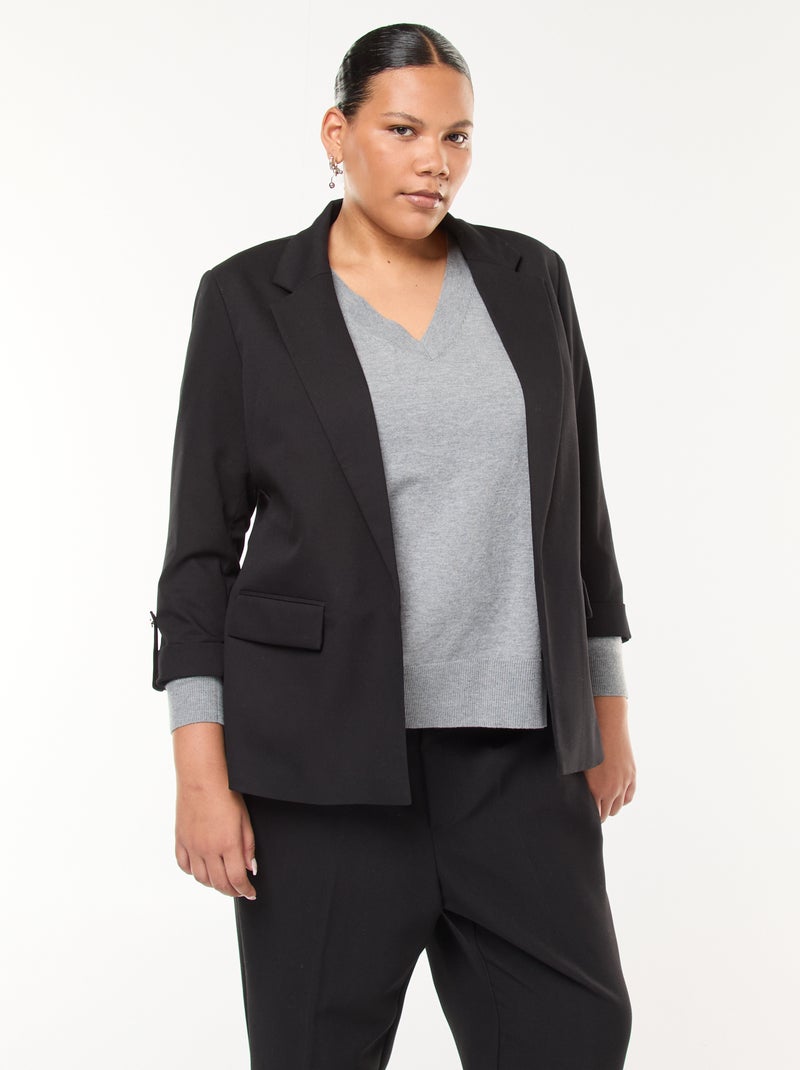 Chaqueta blazer larga lisa con vuelta en los puños Negro - Kiabi