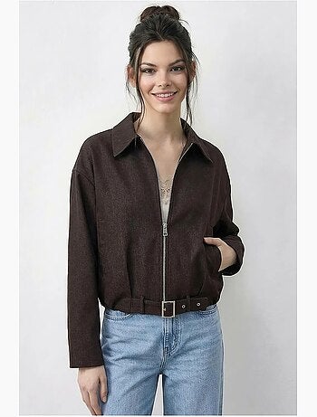 Chaqueta bomber oversize de denim con cinturón lucci