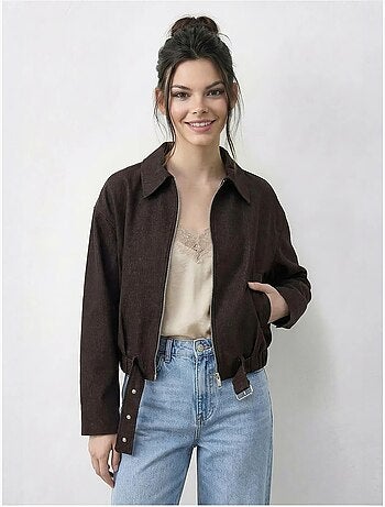 Chaqueta bomber oversize de denim con cinturón lucci