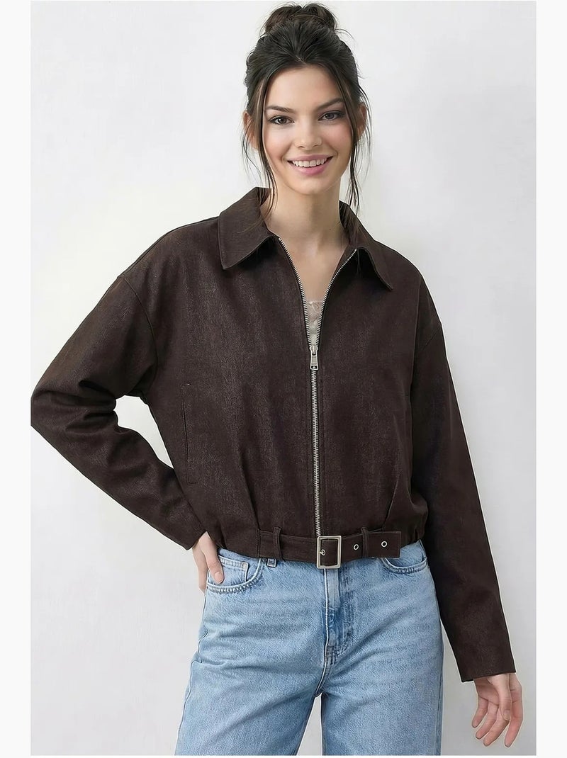 Chaqueta bomber oversize de denim con cinturón lucci Marrón chocolate - Kiabi