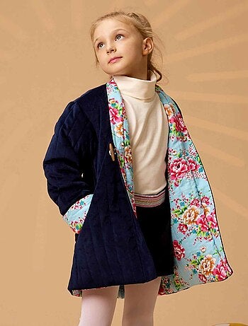 Chaqueta China para Niña | Azul Marino Reversible con Flores Turquesa | KIM