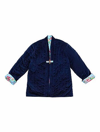 Chaqueta China para Niña | Azul Marino Reversible con Flores Turquesa | KIM