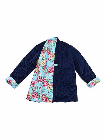 Chaqueta China para Niña | Azul Marino Reversible con Flores Turquesa | KIM