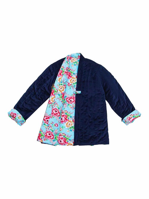 Chaqueta China para Niña | Azul Marino Reversible con Flores Turquesa | KIM - Kiabi