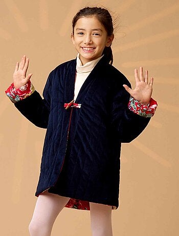 Chaqueta China para Niña | Terciopelo Azul Marino Reversible con Flores Rojas | KIM