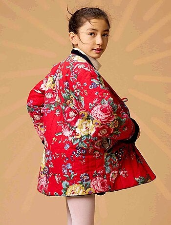 Chaqueta China para Niña | Terciopelo Azul Marino Reversible con Flores Rojas | KIM