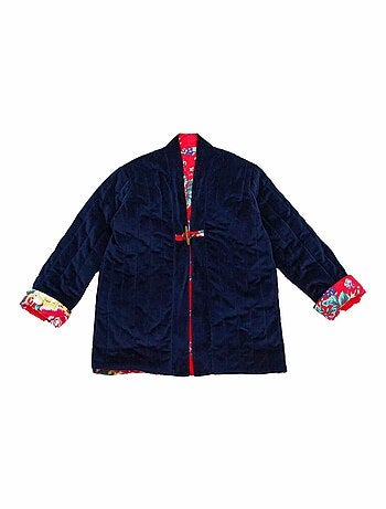 Chaqueta China para Niña | Terciopelo Azul Marino Reversible con Flores Rojas | KIM