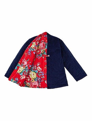 Chaqueta China para Niña | Terciopelo Azul Marino Reversible con Flores Rojas | KIM