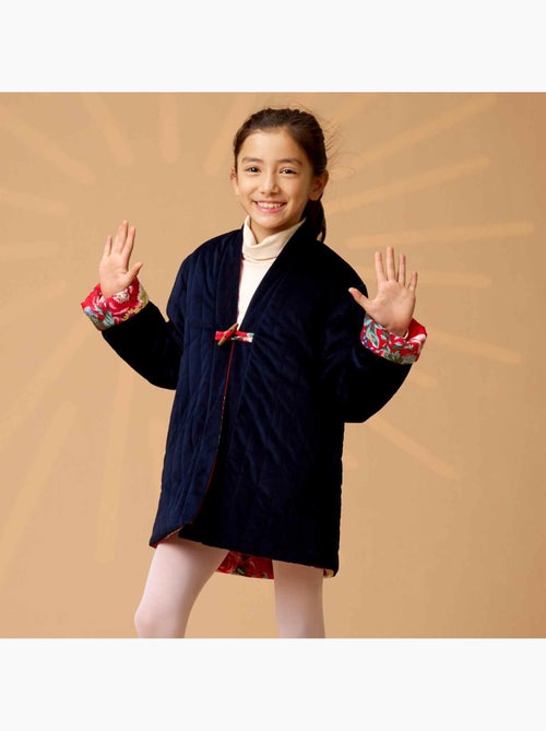 Chaqueta China para Niña | Terciopelo Azul Marino Reversible con Flores Rojas | KIM - Kiabi