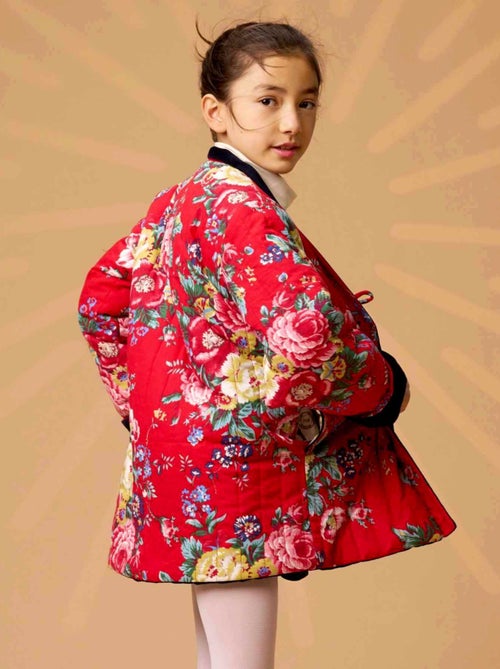 Chaqueta China para Niña | Terciopelo Azul Marino Reversible con Flores Rojas | KIM - Kiabi
