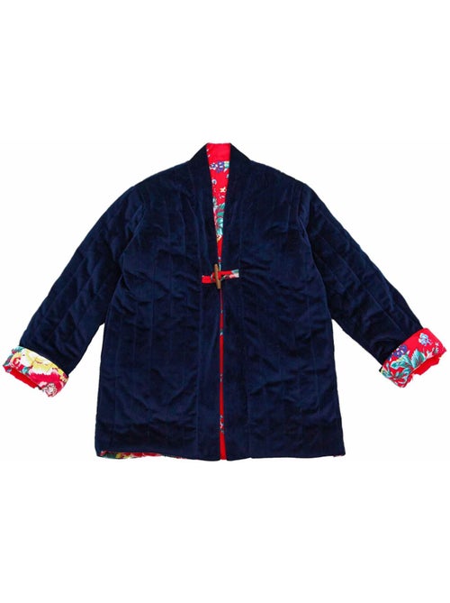 Chaqueta China para Niña | Terciopelo Azul Marino Reversible con Flores Rojas | KIM - Kiabi