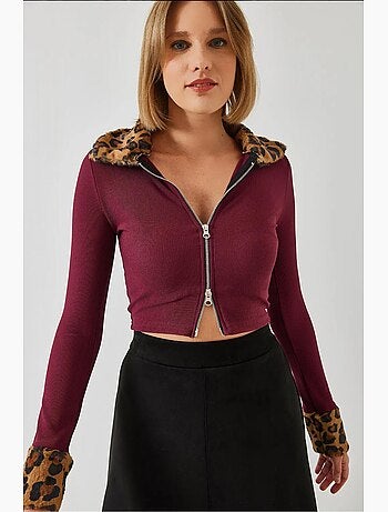 Chaqueta con cremallera de felpa de leopardo lucci