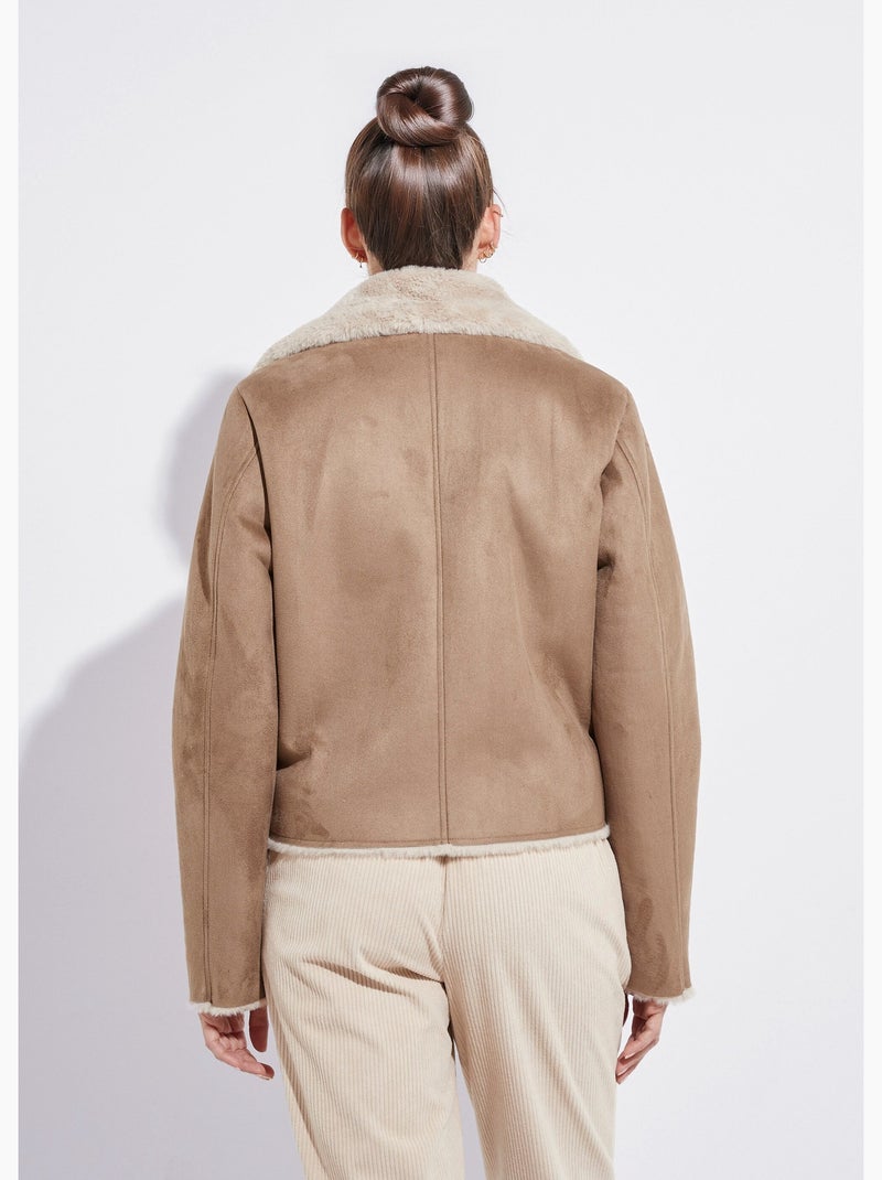 Chaqueta con cremallera estilo piel de oveja - Afibel Taupe - Kiabi