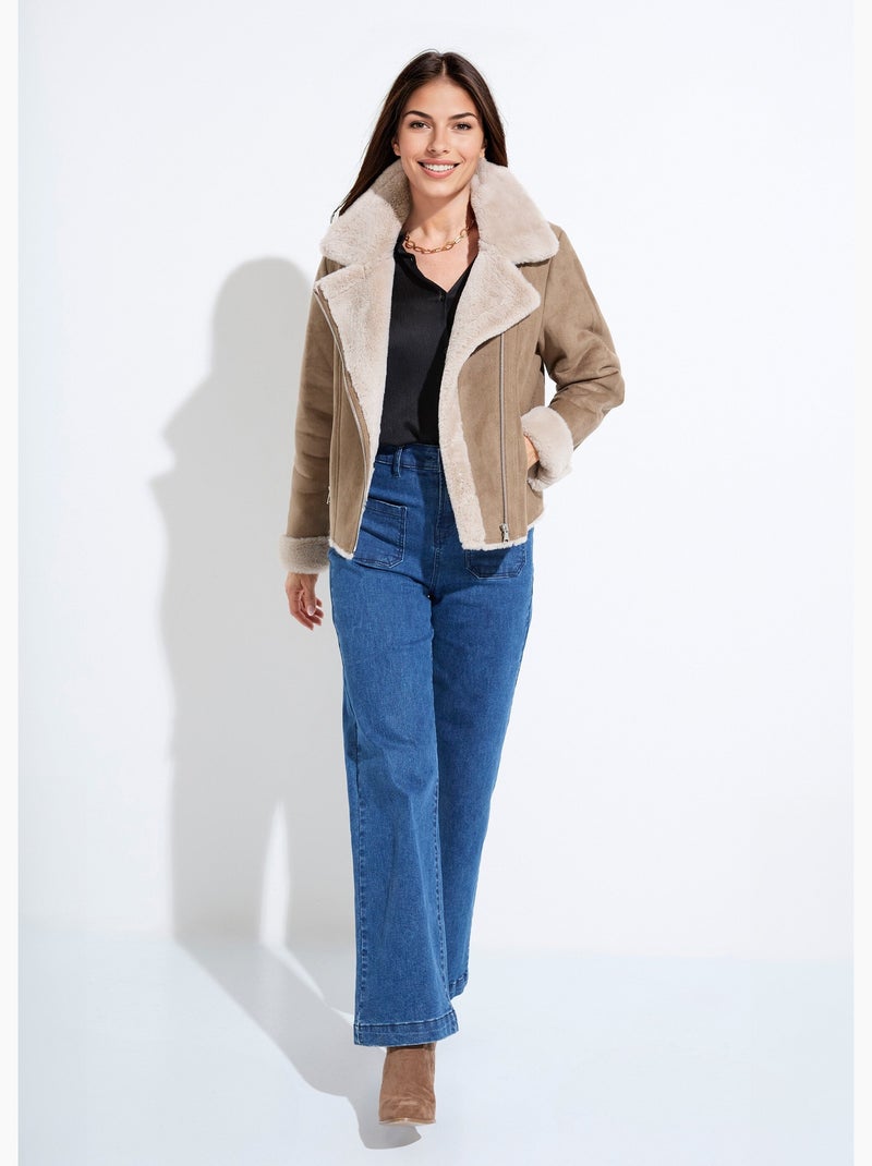 Chaqueta con cremallera estilo piel de oveja - Afibel Taupe - Kiabi