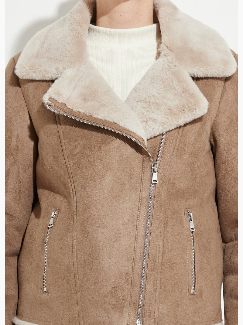 Chaqueta con cremallera estilo piel de oveja - Afibel Taupe - Kiabi