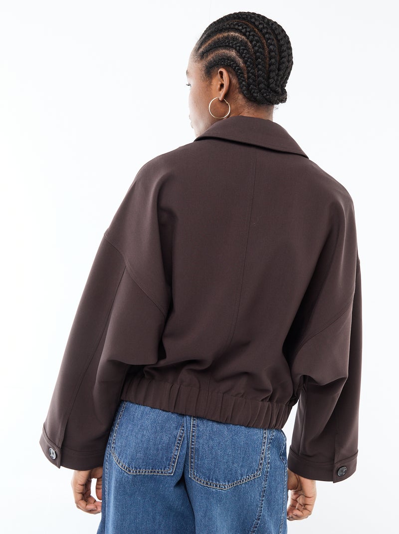 Chaqueta con cremallera y bolsillos de parche lisa Marron - Kiabi