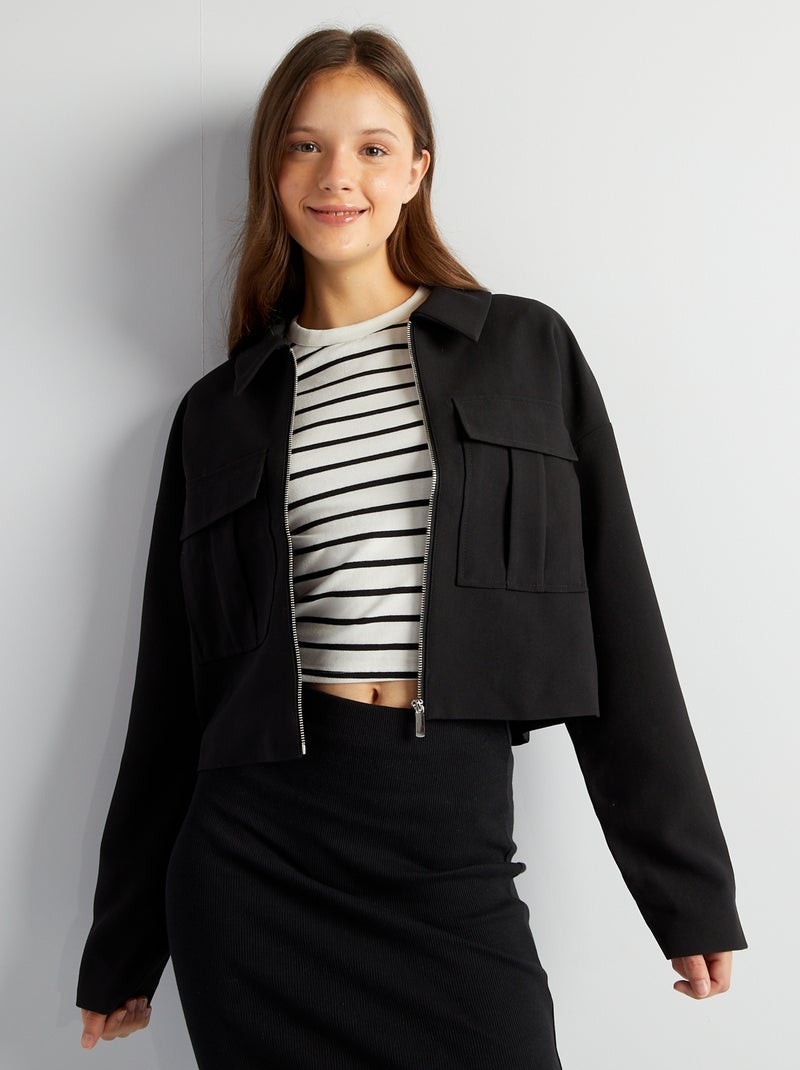 Chaqueta con cremallera y bolsillos de parche negro - Kiabi