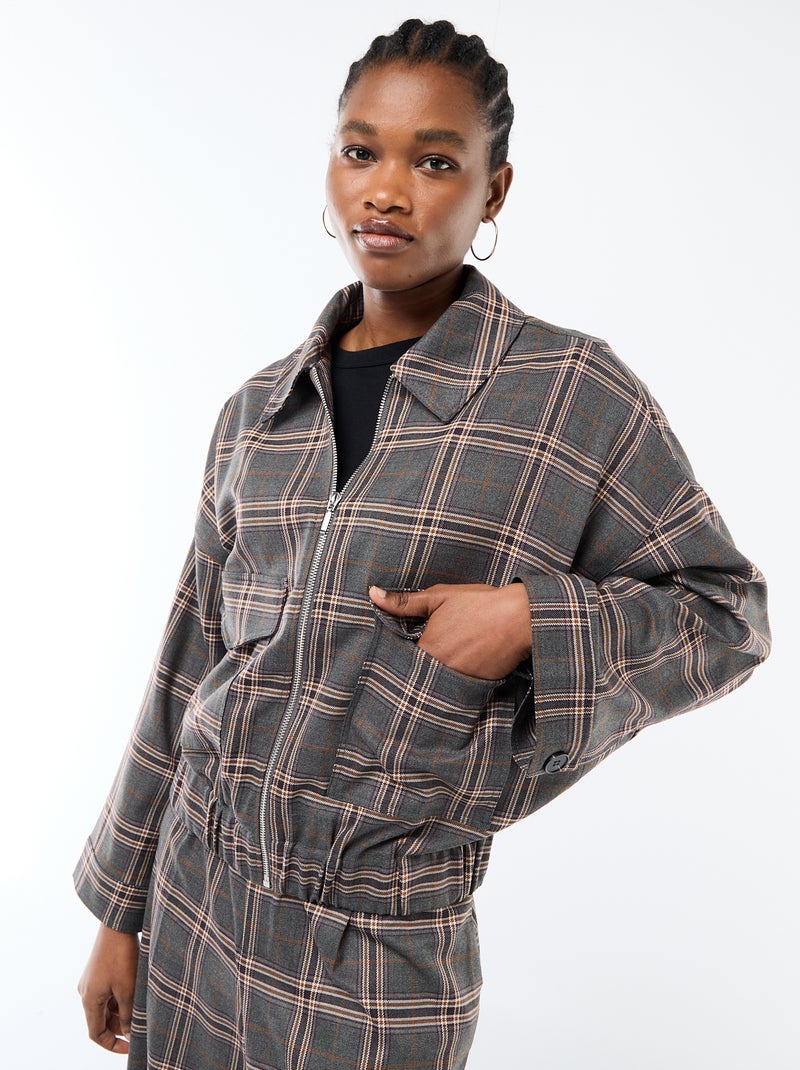 Chaqueta con cremallera y estampado de cuadros con bolsillo de parche Gris - Kiabi