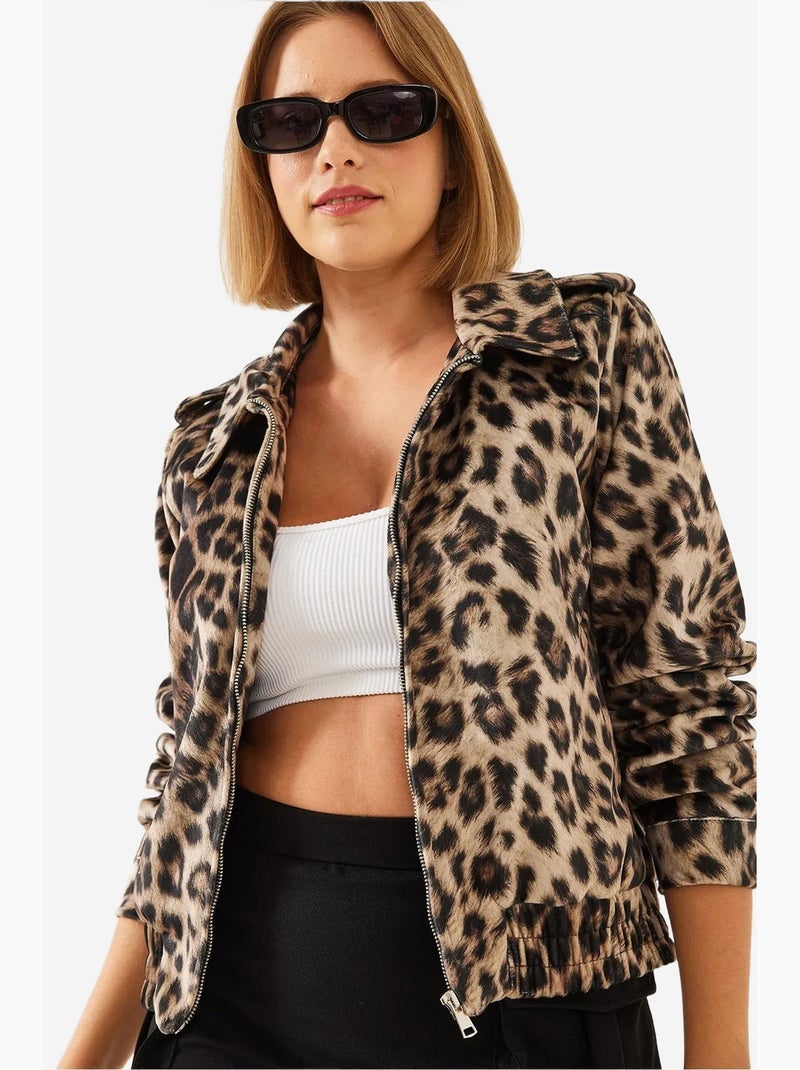 Chaqueta con cremallera y estampado de leopardo lucci Greige - Kiabi