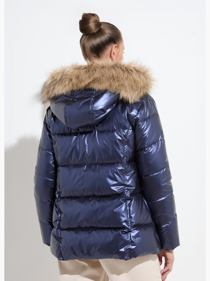 Chaqueta corta acolchada con capucha con efecto metalizado - Afibel Azul - Kiabi