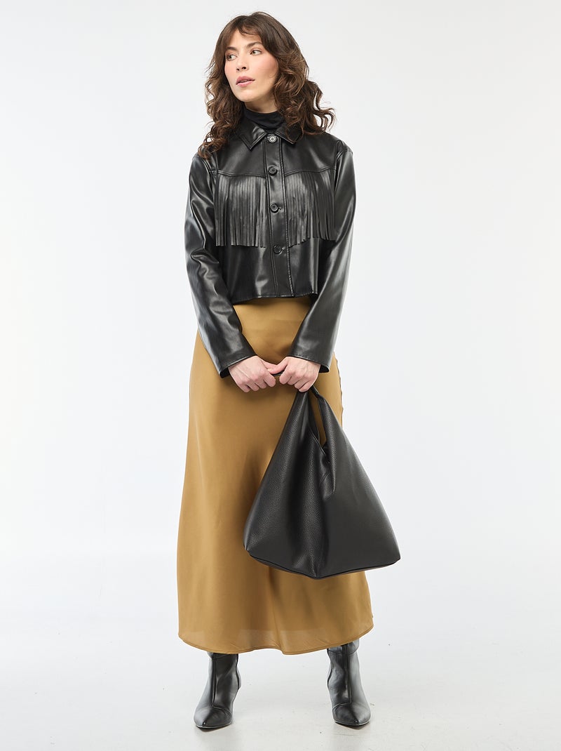 Chaqueta corta de imitación de cuero con flecos Negro - Kiabi