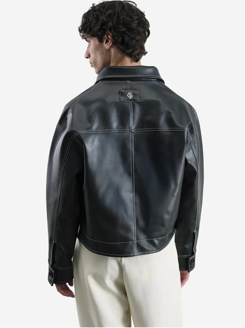 Chaqueta corta de polipiel con botones delanteros y cuello camisero giesto Negro - Kiabi