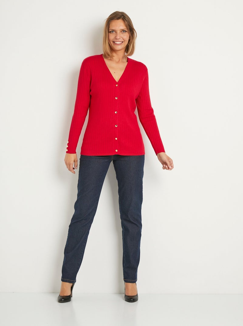 Chaqueta corta de punto acanalado con cuello en V y botones - Afibel Rojo - Kiabi