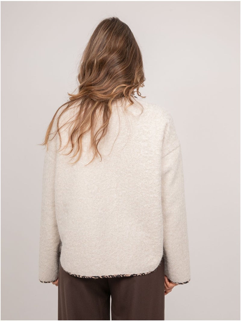 Chaqueta corta de tejido bouclé con ribete de leopardo ubila Beige - Kiabi