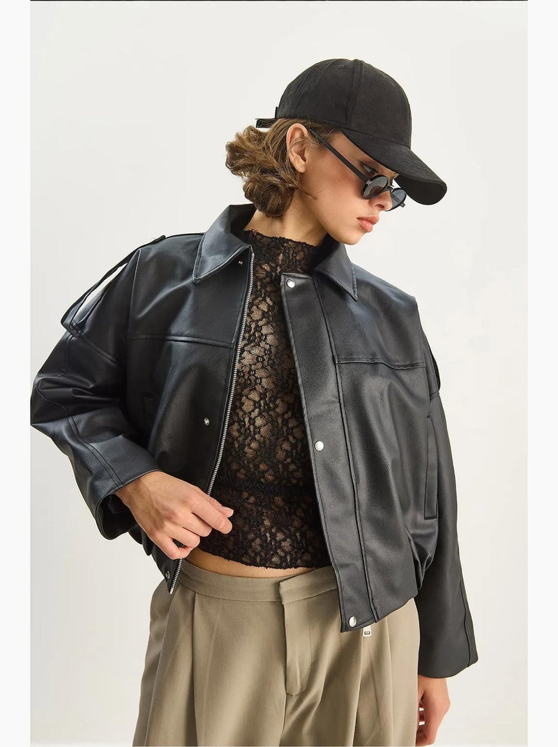 Chaqueta corta oversize de piel sintética con cremallera de lucci Negro - Kiabi