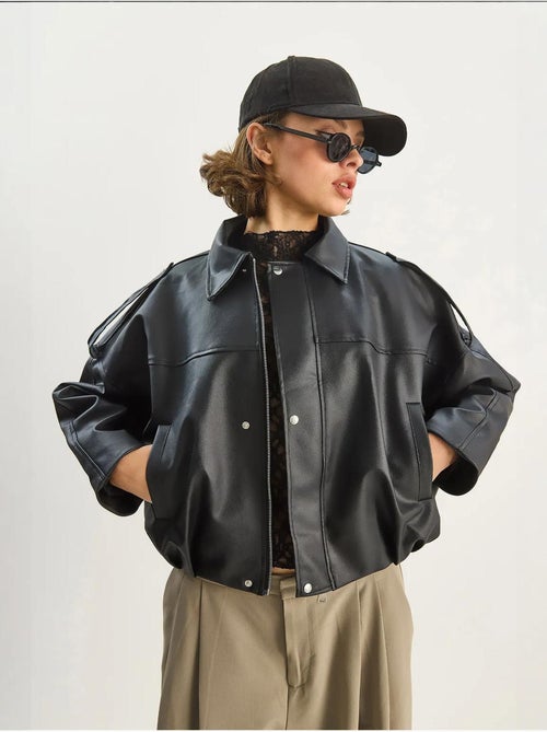 Chaqueta corta oversize de piel sintética con cremallera de lucci - Kiabi