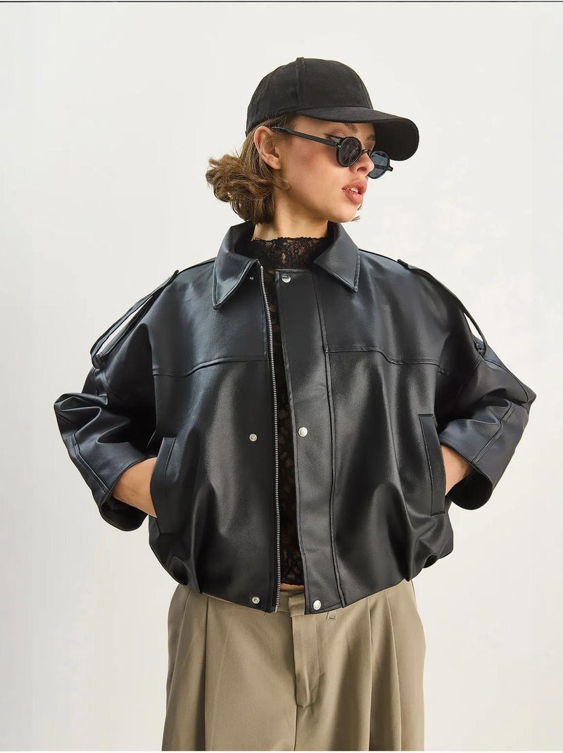 Chaqueta corta oversize de piel sintética con cremallera de lucci Negro - Kiabi