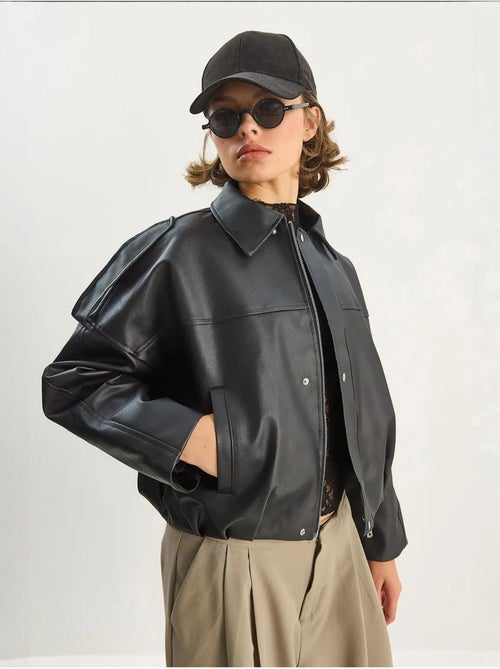 Chaqueta corta oversize de piel sintética con cremallera de lucci - Kiabi