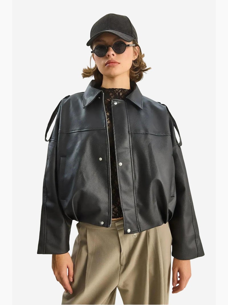 Chaqueta corta oversize de piel sintética con cremallera de lucci Negro - Kiabi