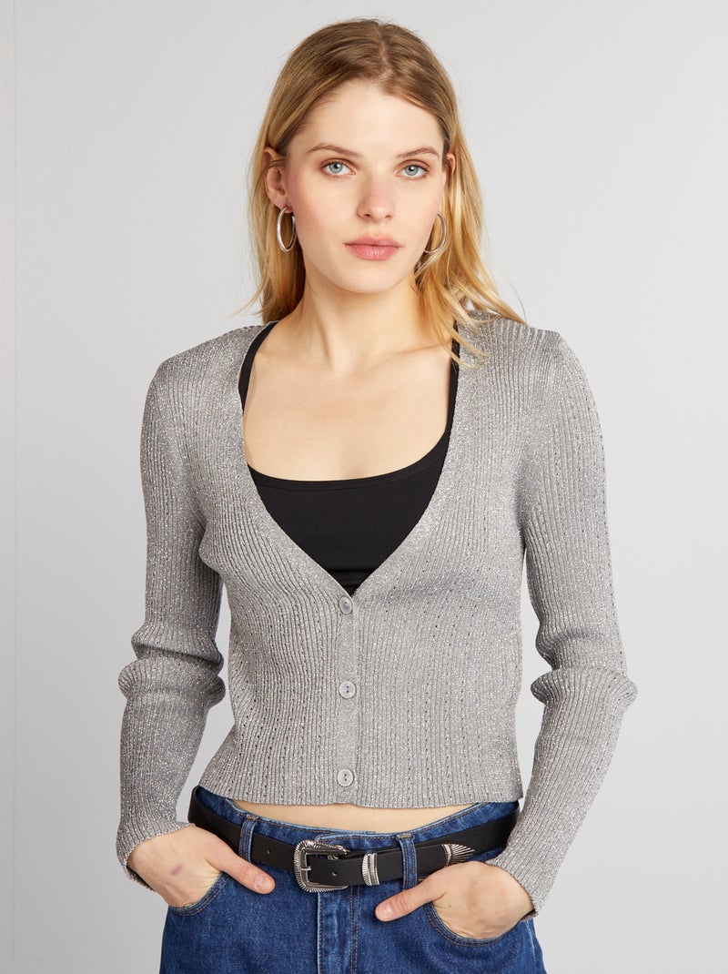 Chaqueta crop top de punto brillante GRIS - Kiabi