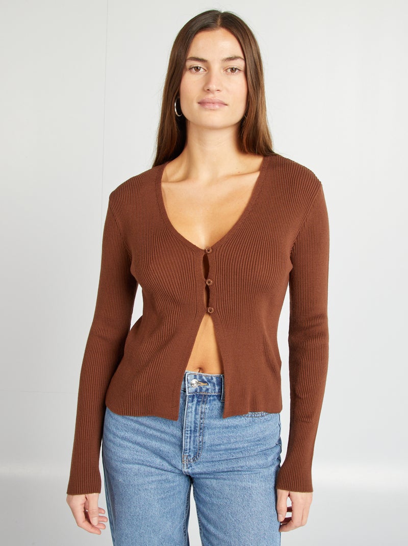 Chaqueta cropped de punto de canalé MARRON - Kiabi