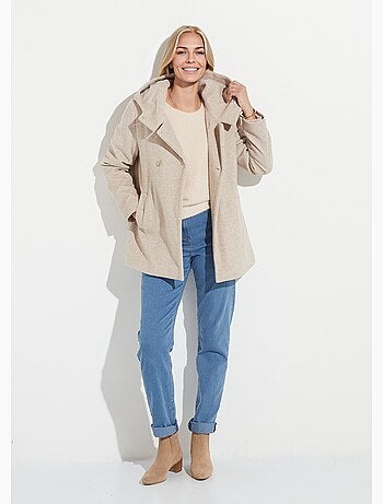 Chaqueta de abrigo de lana de tweed con doble botonadura y capucha - Afibel