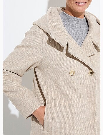 Chaqueta de abrigo de lana de tweed con doble botonadura y capucha - Afibel