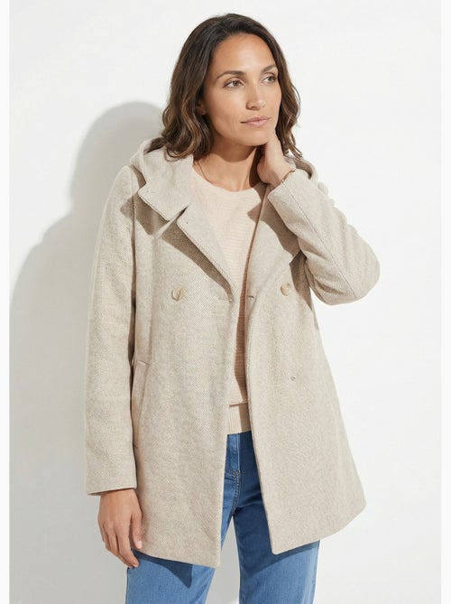 Chaqueta de abrigo de lana de tweed con doble botonadura y capucha - Afibel - Kiabi