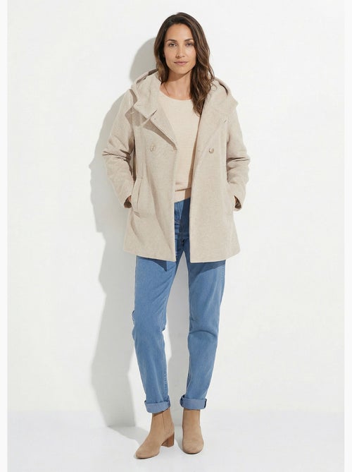 Chaqueta de abrigo de lana de tweed con doble botonadura y capucha - Afibel - Kiabi