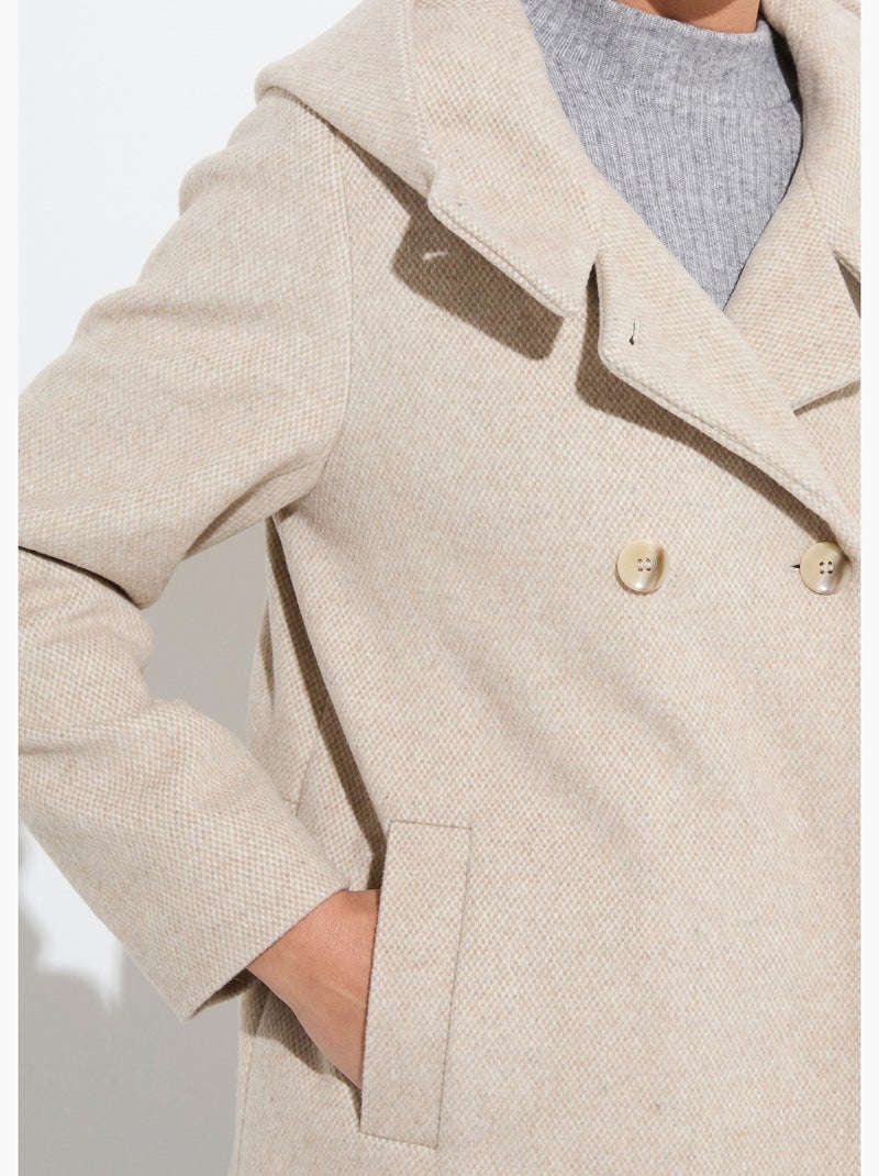 Chaqueta de abrigo de lana de tweed con doble botonadura y capucha - Afibel Beige - Kiabi